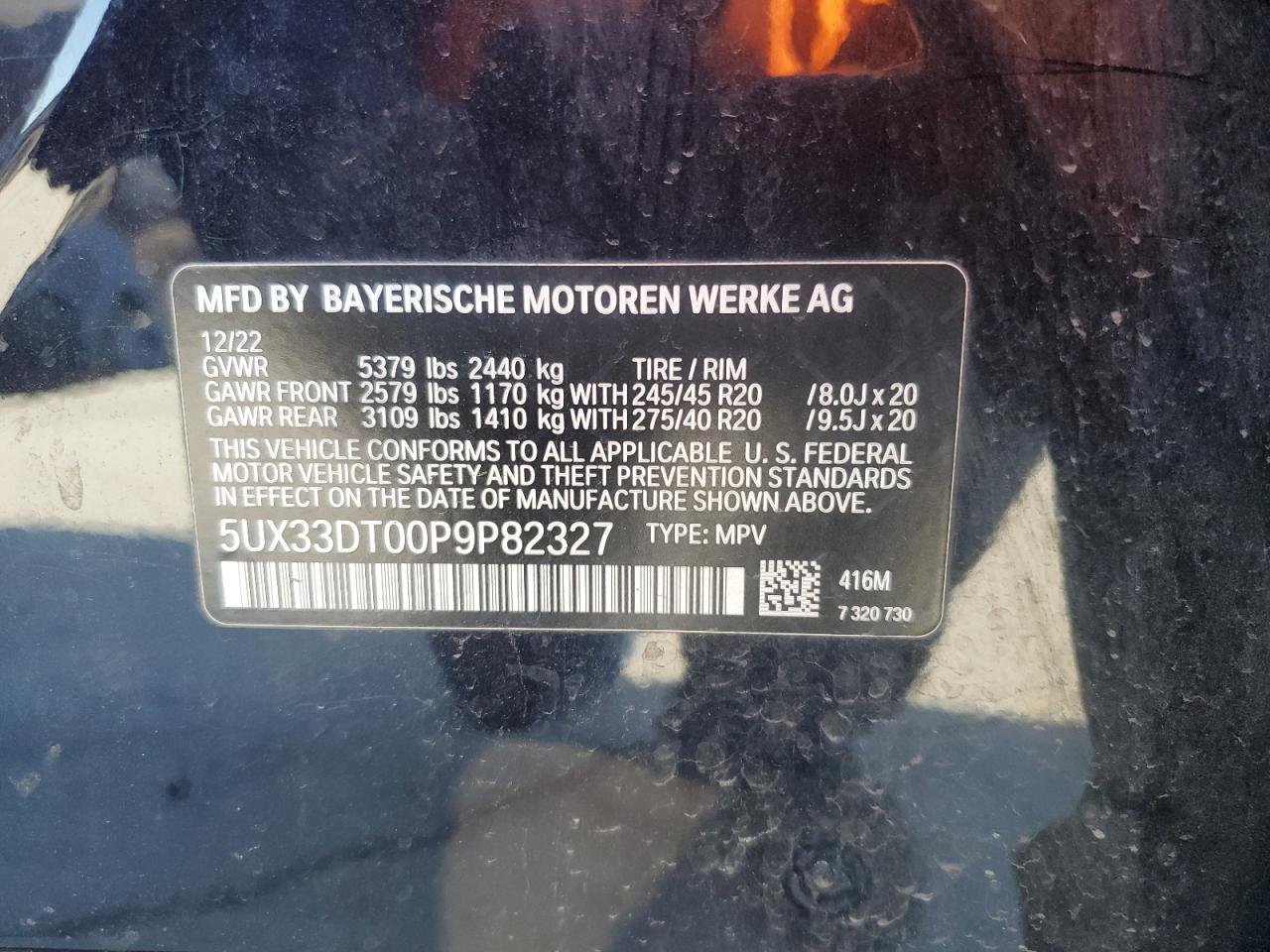 2023 BMW X4 XDRIVE30I VIN:JN8AS5MV2CW700836