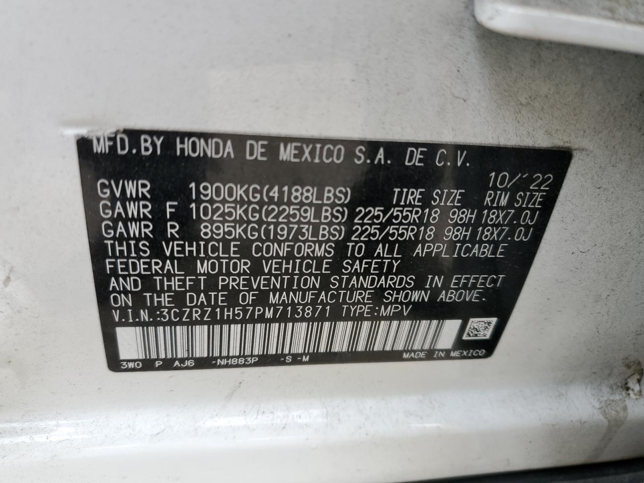 2023 HONDA HR-V SPORT VIN:3CZRZ1H57PM713871