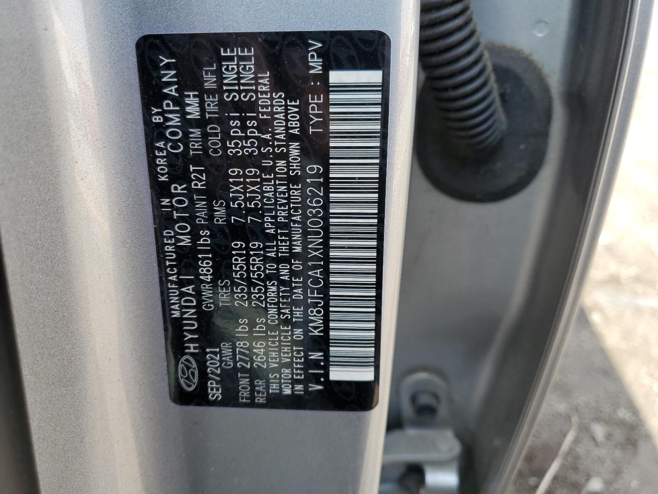 2022 HYUNDAI TUCSON SEL CONVENIENCE VIN:KM8JFCA1XNU036219