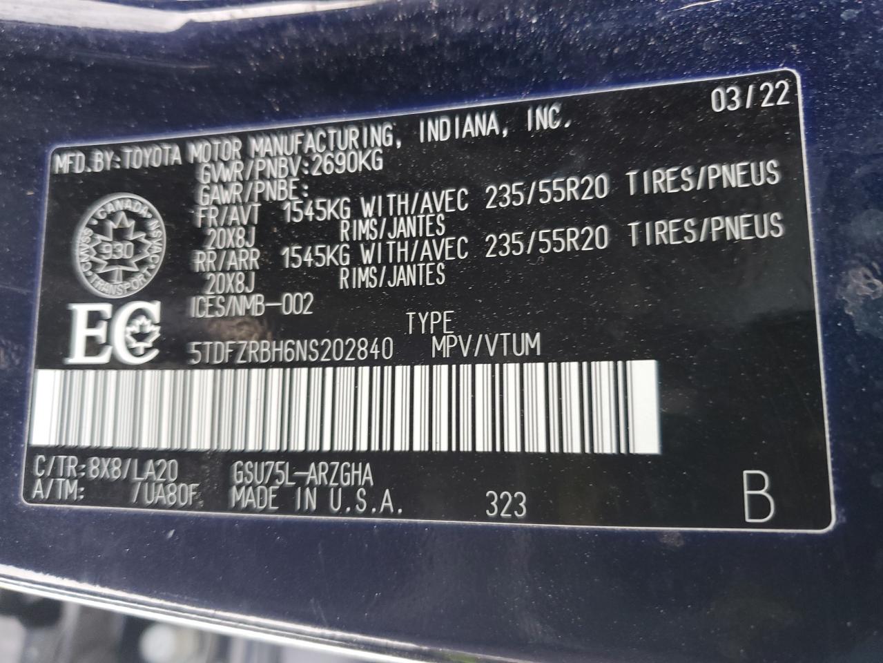 2022 TOYOTA HIGHLANDER PLATINUM VIN:5TDFZRBH6NS202840