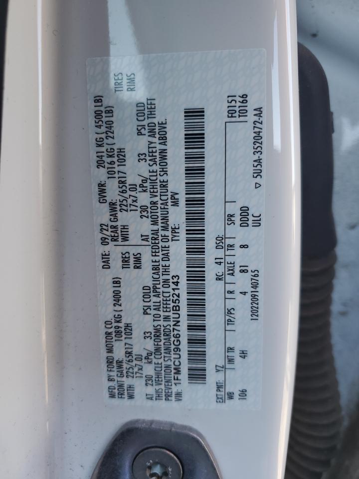 2022 FORD ESCAPE SE VIN:1FMCU9G67NUB52143