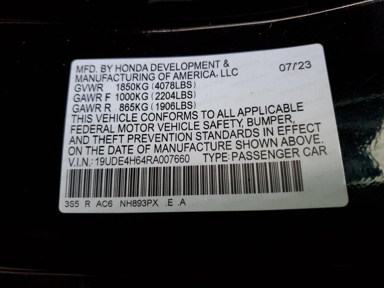 2024 ACURA INTEGRA A-SPEC TECH VIN:19UDE4H64RA007660