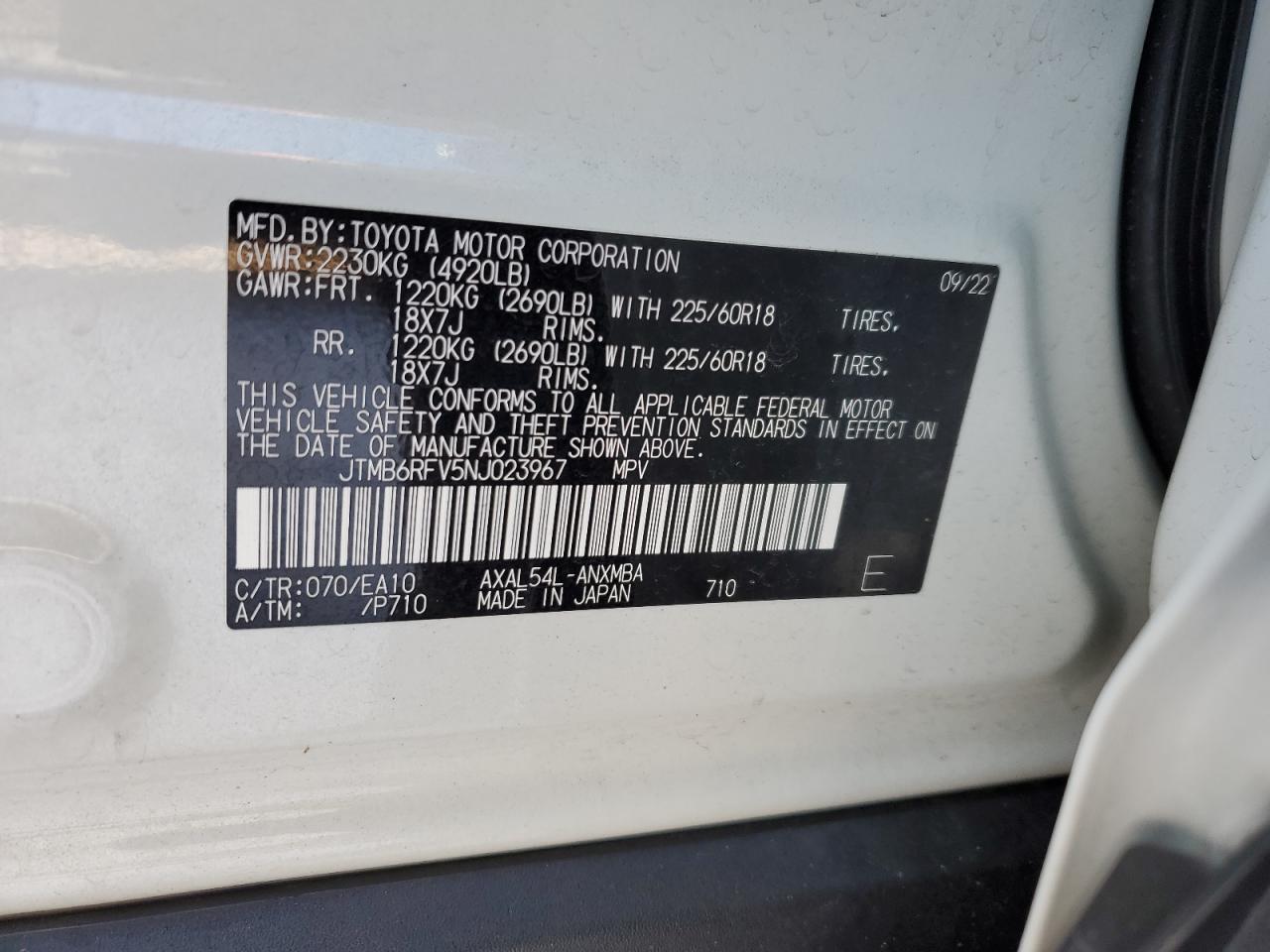 2022 TOYOTA RAV4 XLE PREMIUM VIN:JTMB6RFV5NJ023967