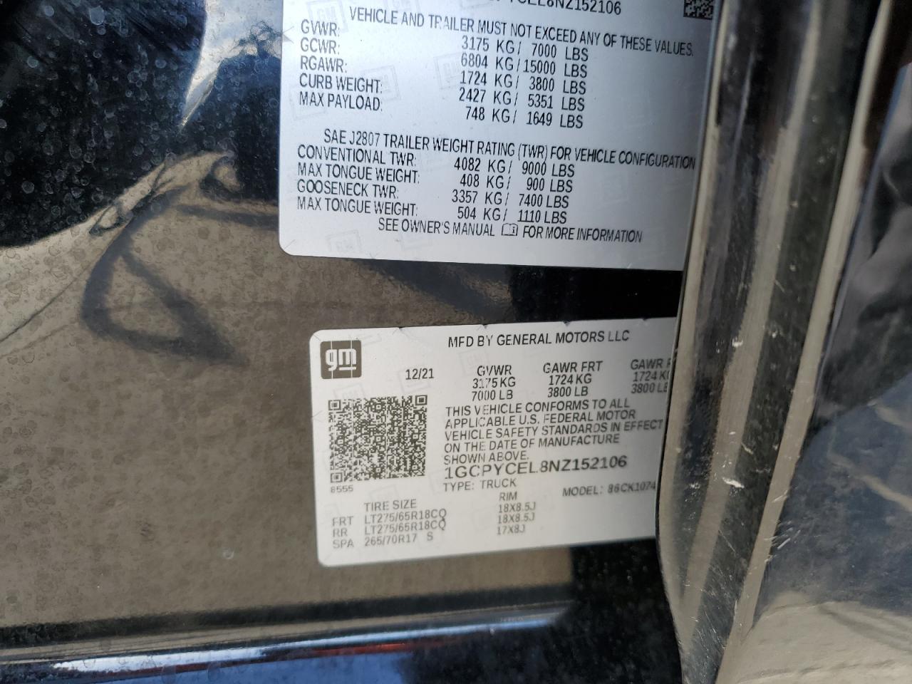 2022 CHEVROLET SILVERADO LTD K1500 TRAIL BOSS CUSTOM VIN:1GCPYCEL8NZ152106