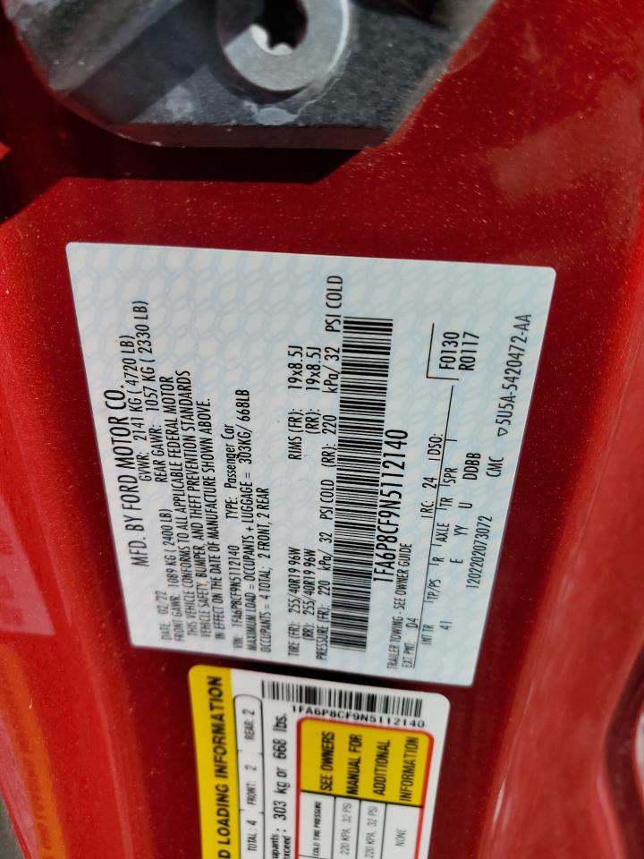 2022 FORD MUSTANG GT VIN:1FA6P8CF9N5112140