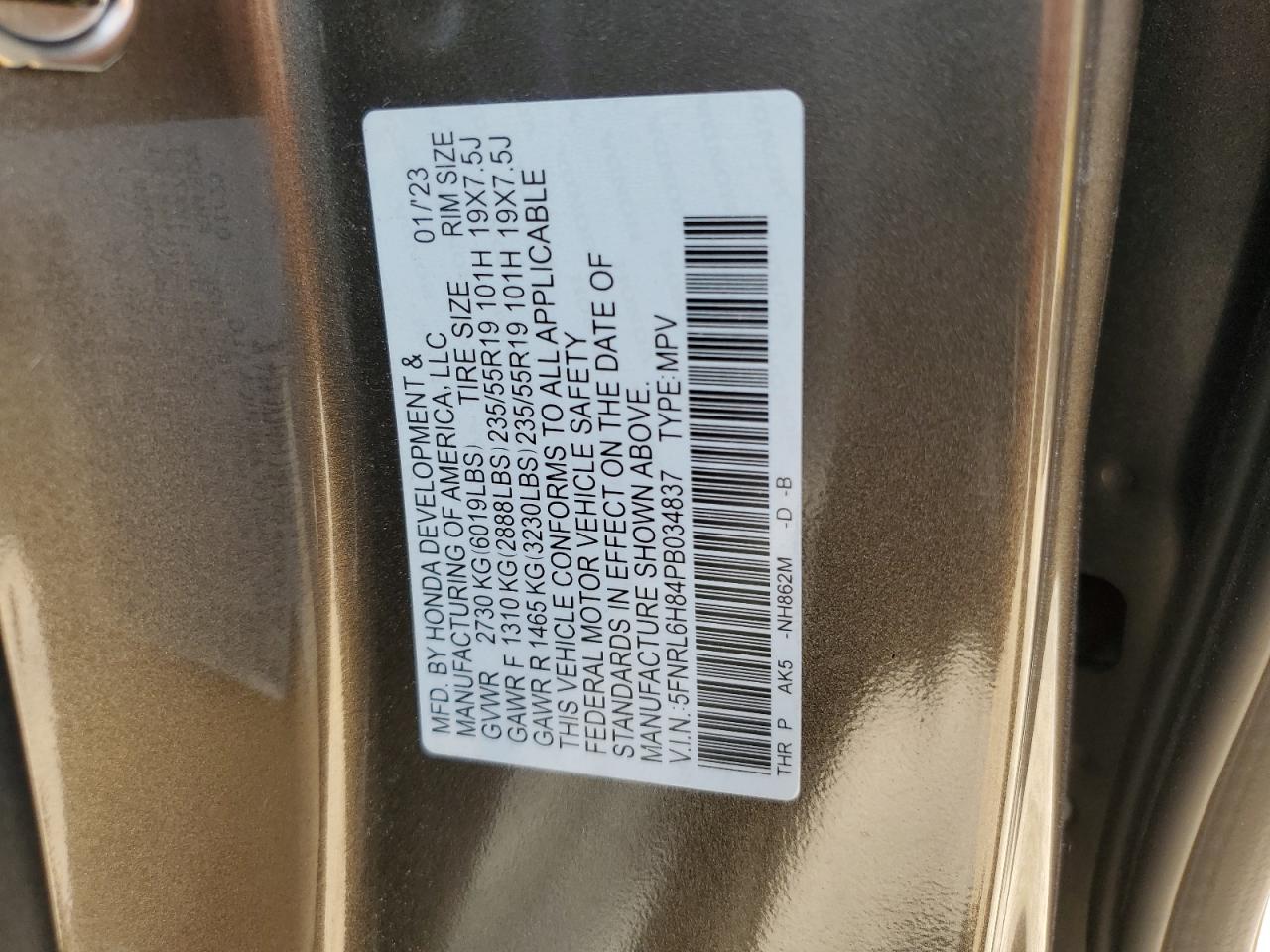 2023 HONDA ODYSSEY TOURING VIN:5FNRL6H84PB034837