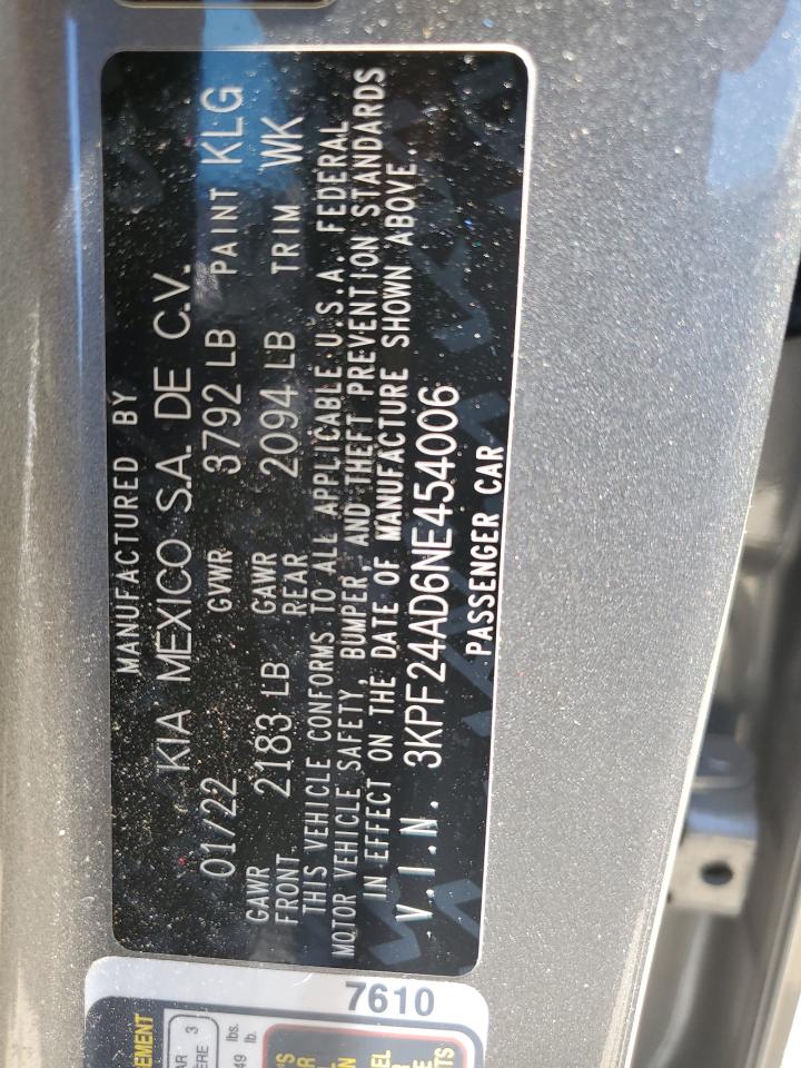 2022 KIA FORTE FE VIN:3KPF24AD6NE454006