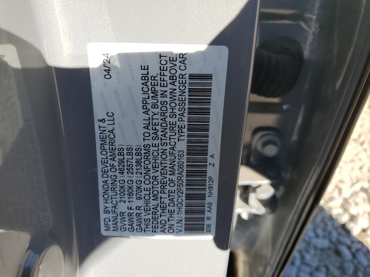 2024 HONDA ACCORD HYBRID SPORT VIN:1HGCY2F50RA060163