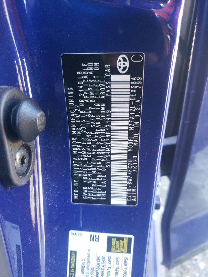 2022 TOYOTA COROLLA SE VIN:5YFS4MCE7NP131449