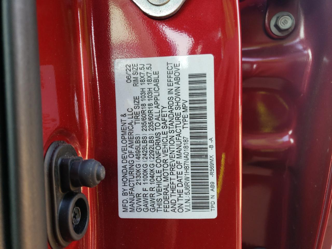 2022 HONDA CR-V EXL VIN:5J6RW1H87NA018187