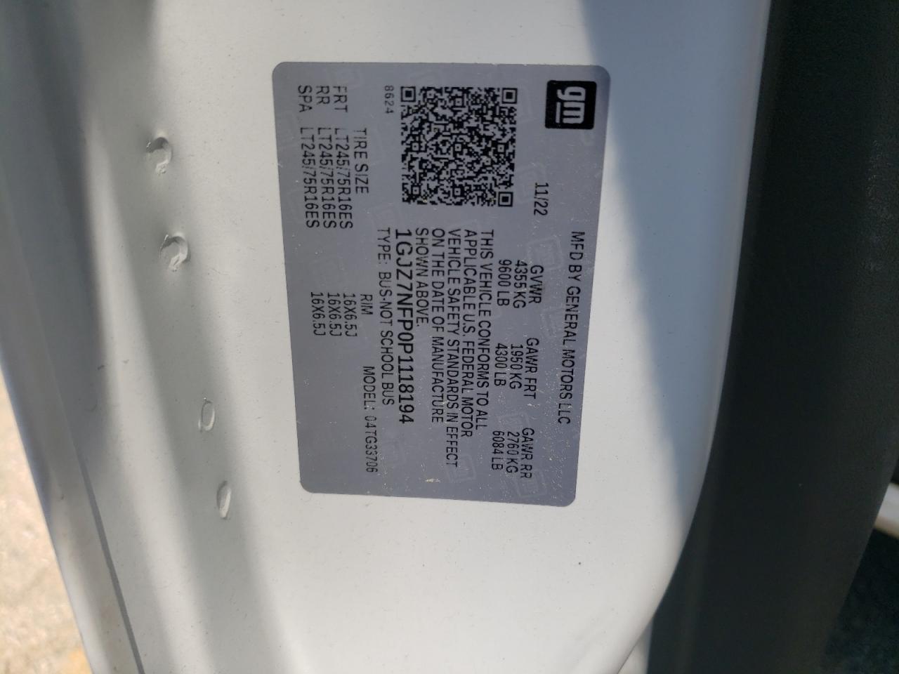 2023 GMC SAVANA G3500 LS VIN:1GJZ7NFP0P1118194