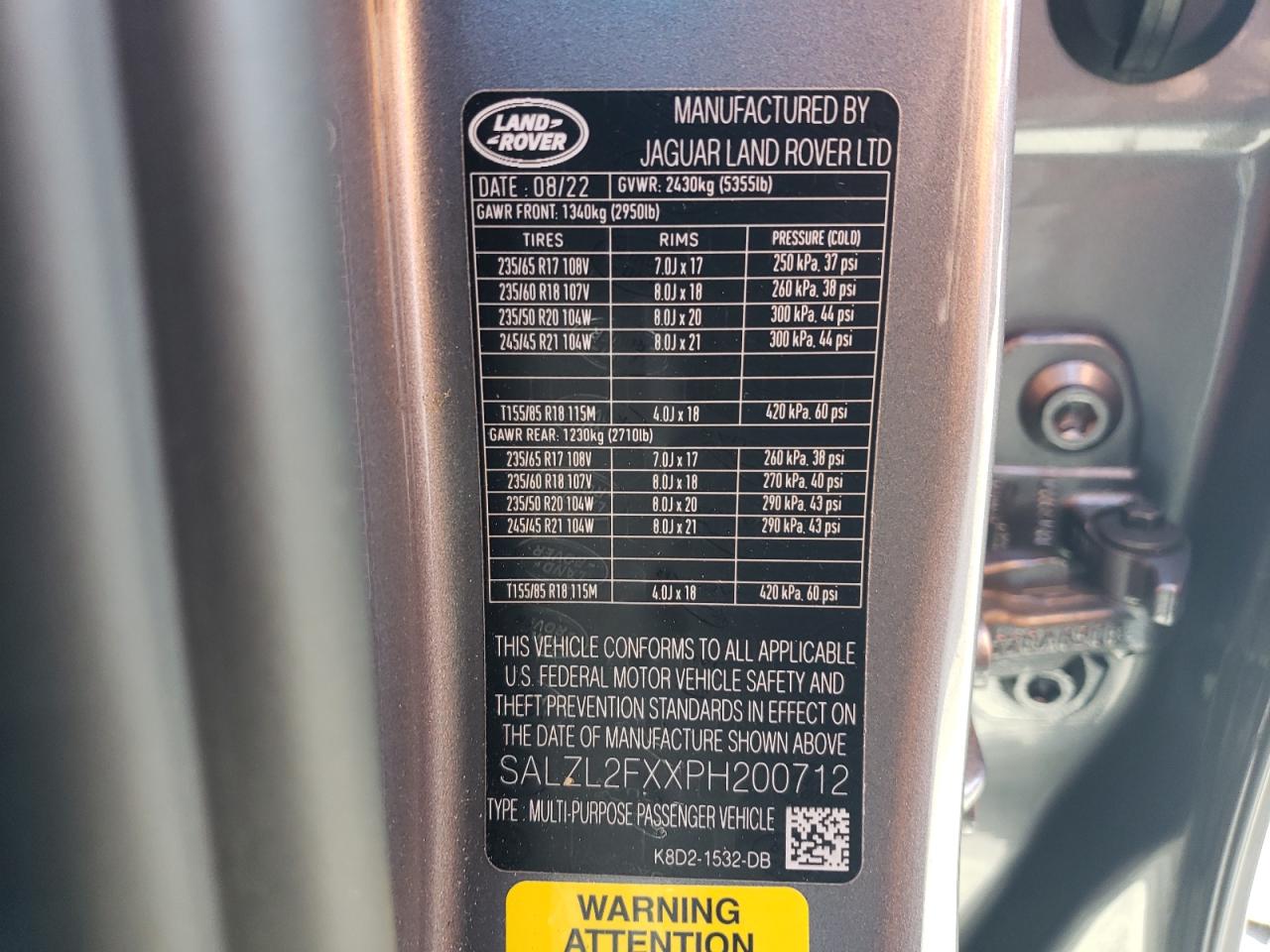 2023 LAND ROVER RANGE ROVER EVOQUE R-DYNAMIC SE VIN:SALZL2FXXPH200712