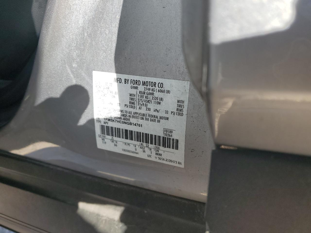 2022 FORD EXPLORER PLATINUM VIN:1FM5K7HC0NGB14761