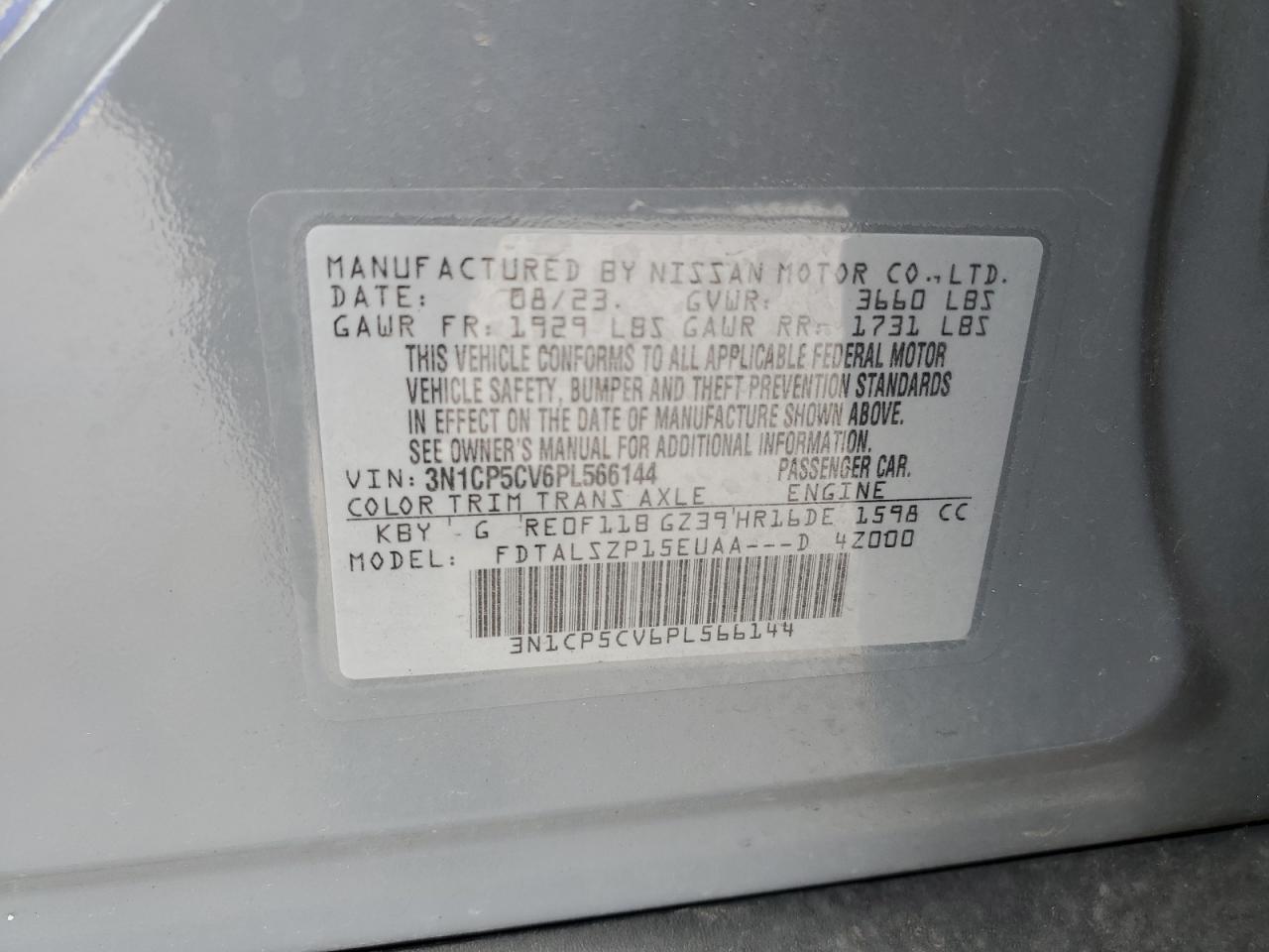 2023 NISSAN KICKS SV VIN:3N1CP5CV6PL566144