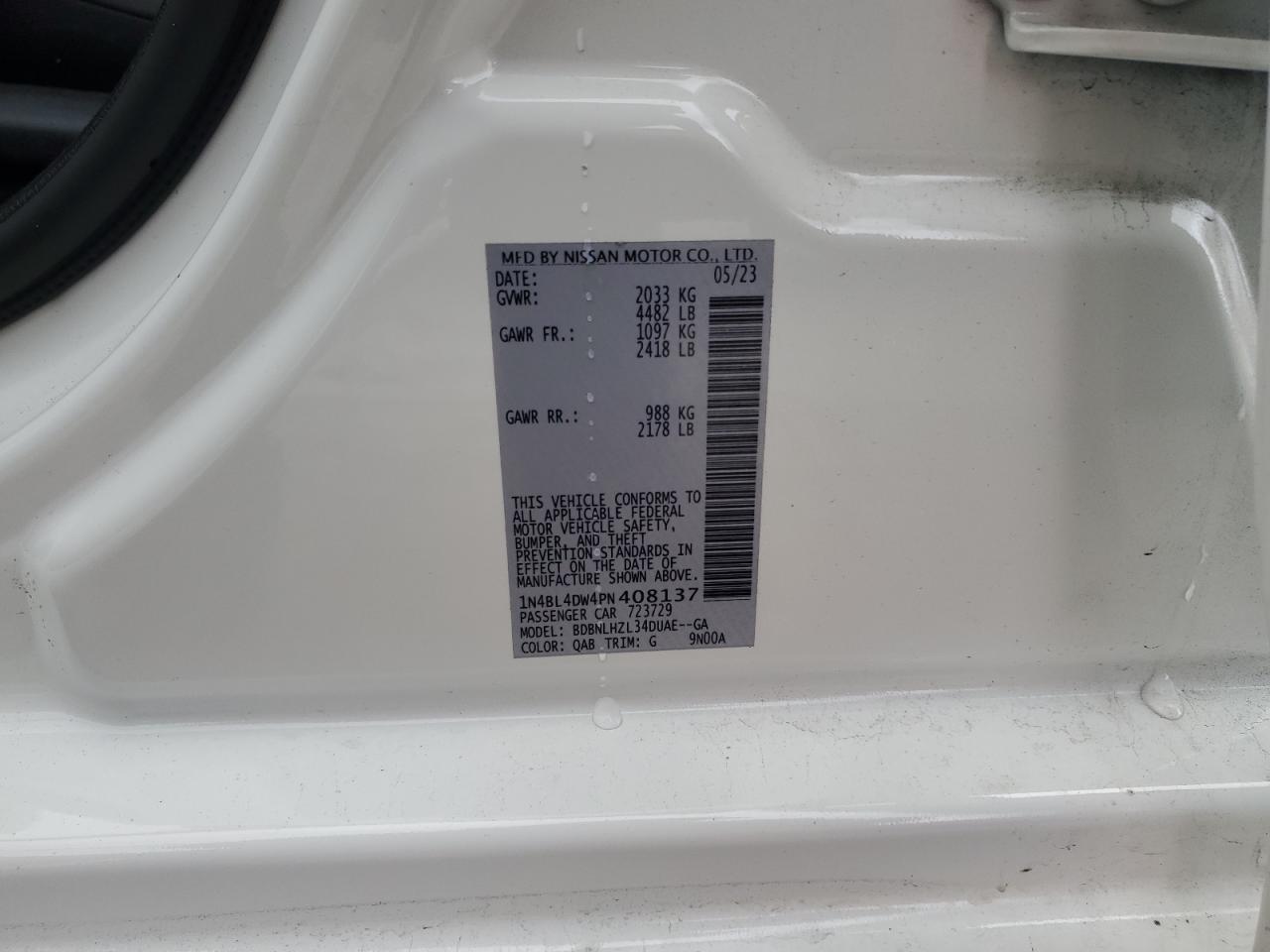 2023 NISSAN ALTIMA SV VIN:1N4BL4DW4PN408137