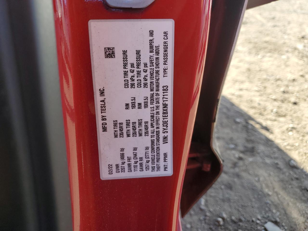 2022 TESLA MODEL 3  VIN:5YJ3E1EBXNF171183