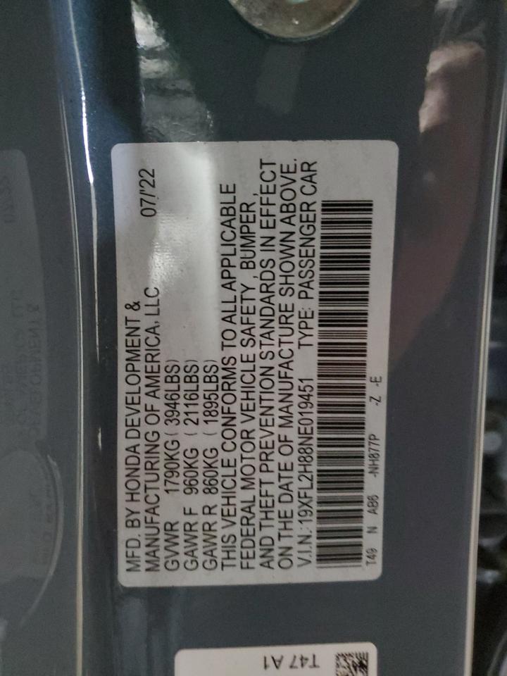 2022 HONDA CIVIC SPORT VIN:19XFL2H88NE019451