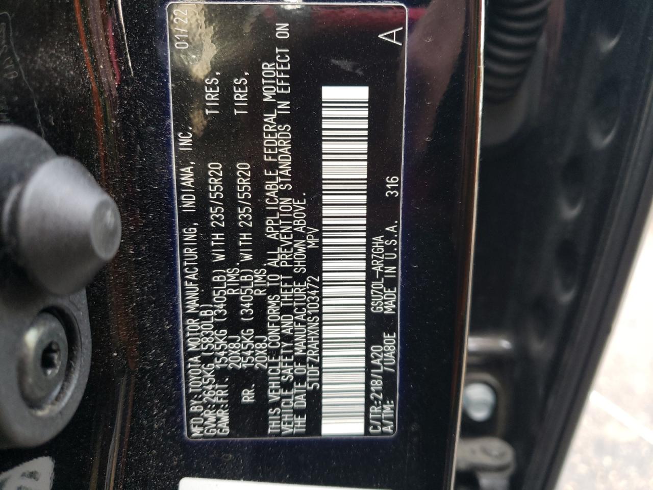 2022 TOYOTA HIGHLANDER PLATINUM VIN:5TDFZRAHXNS103472