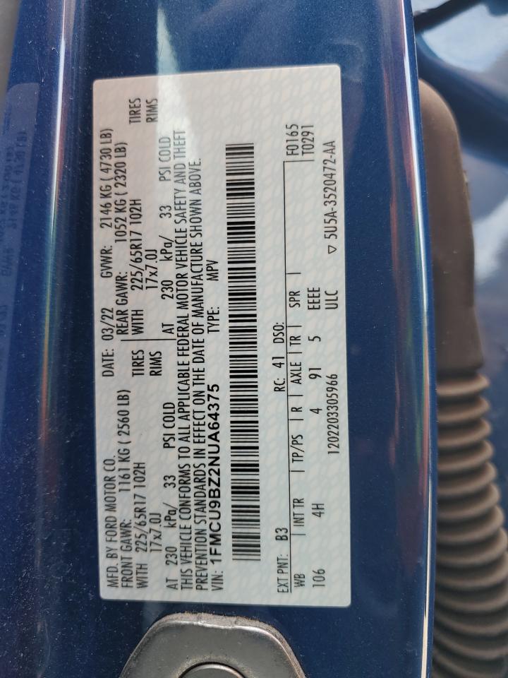2022 FORD ESCAPE SE VIN:1FMCU9BZ2NUA64375