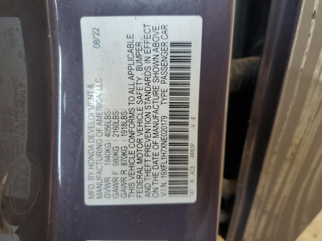 2022 HONDA CIVIC EXL VIN:19XFL1H7XNE020179