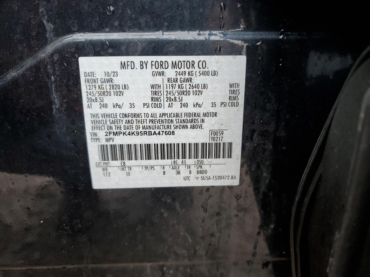 2024 FORD EDGE TITANIUM VIN:2FMPK4K95RBA47608