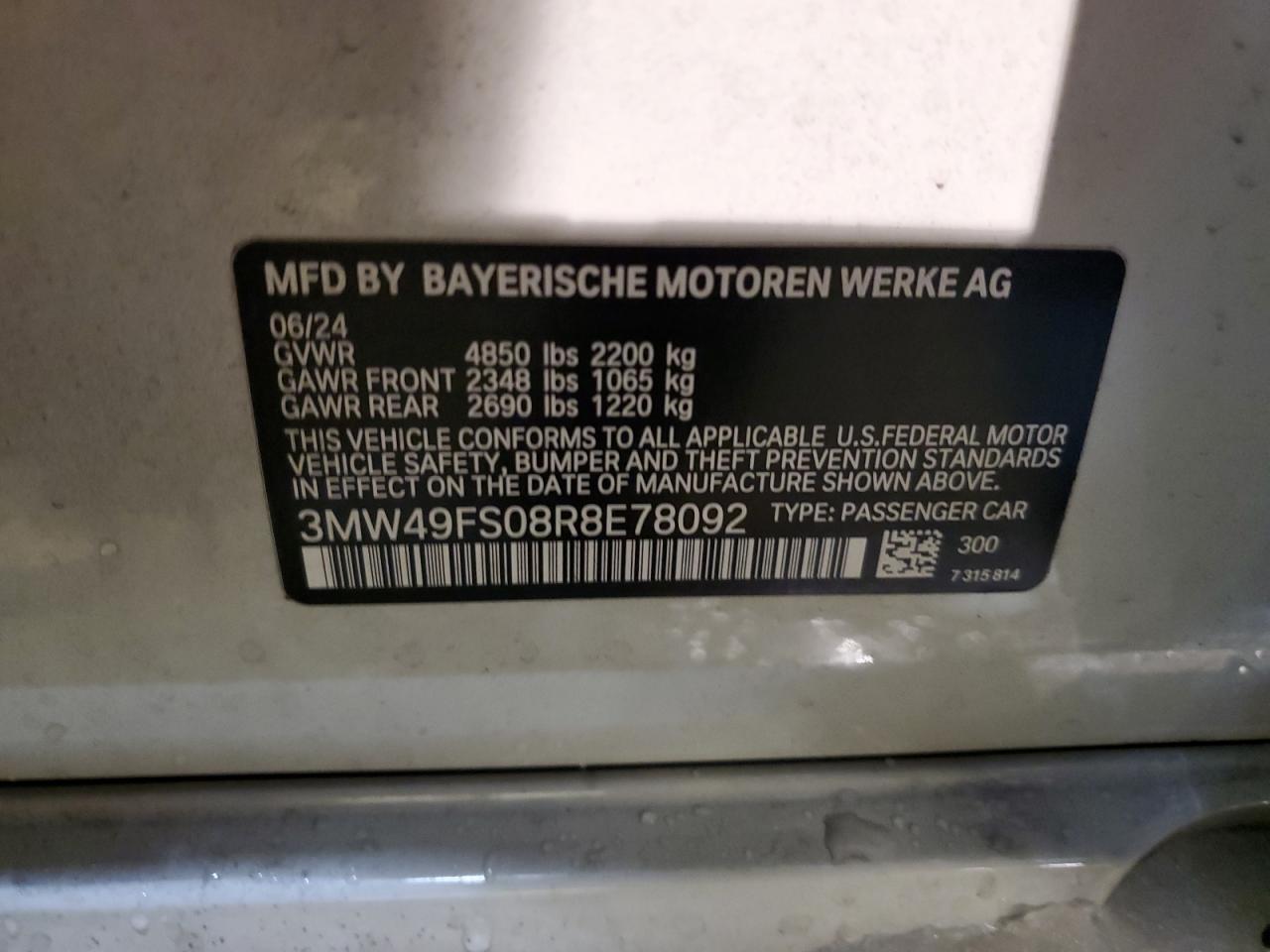 2024 BMW M340I  VIN:3MW49FS08R8E78092