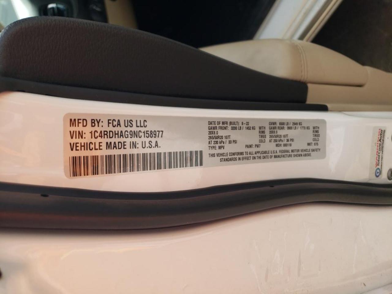 2022 DODGE DURANGO SXT VIN:1C4RDHAG9NC158977