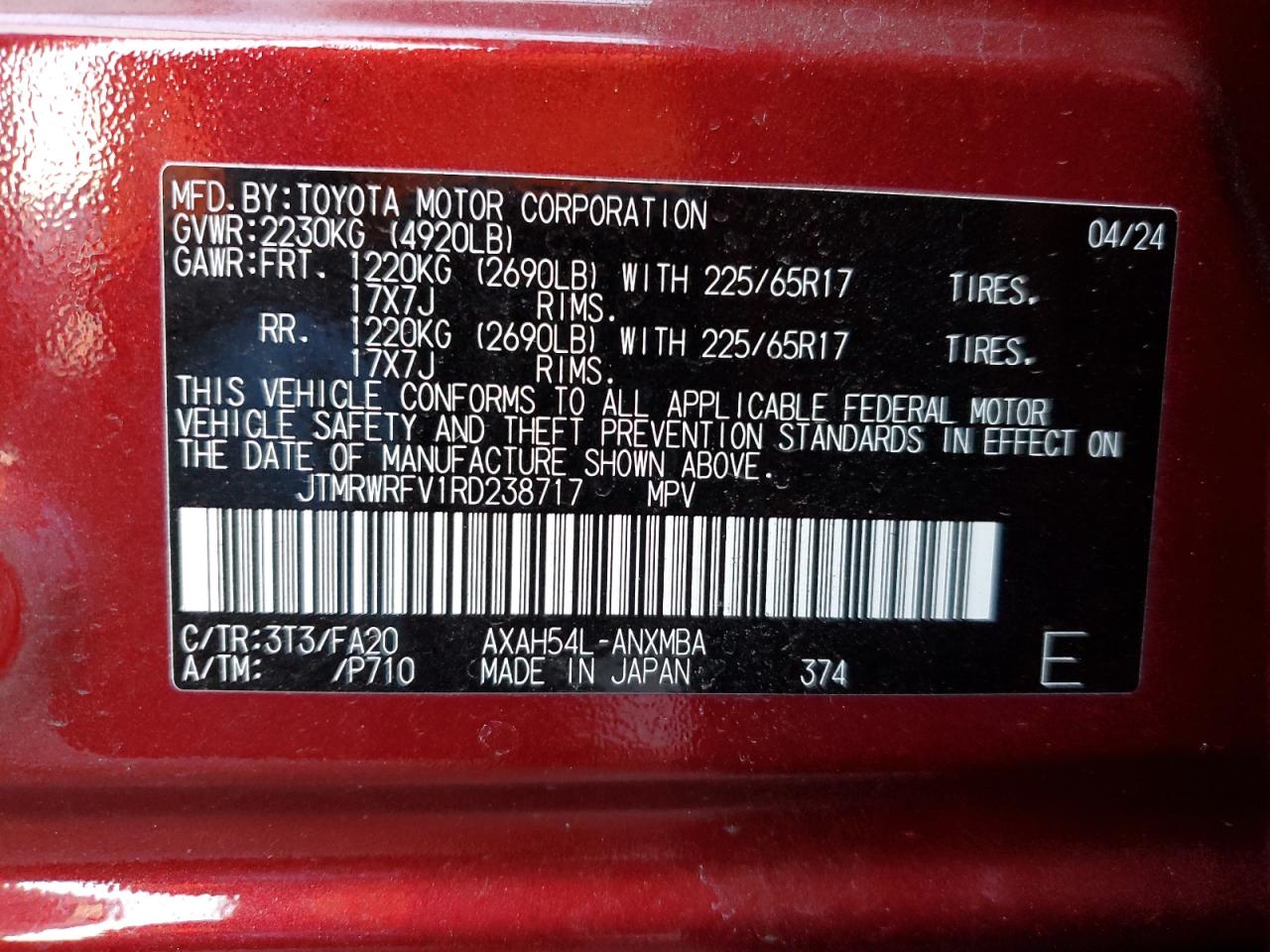 2024 TOYOTA RAV4 XLE VIN:JTMRWRFV1RD238717