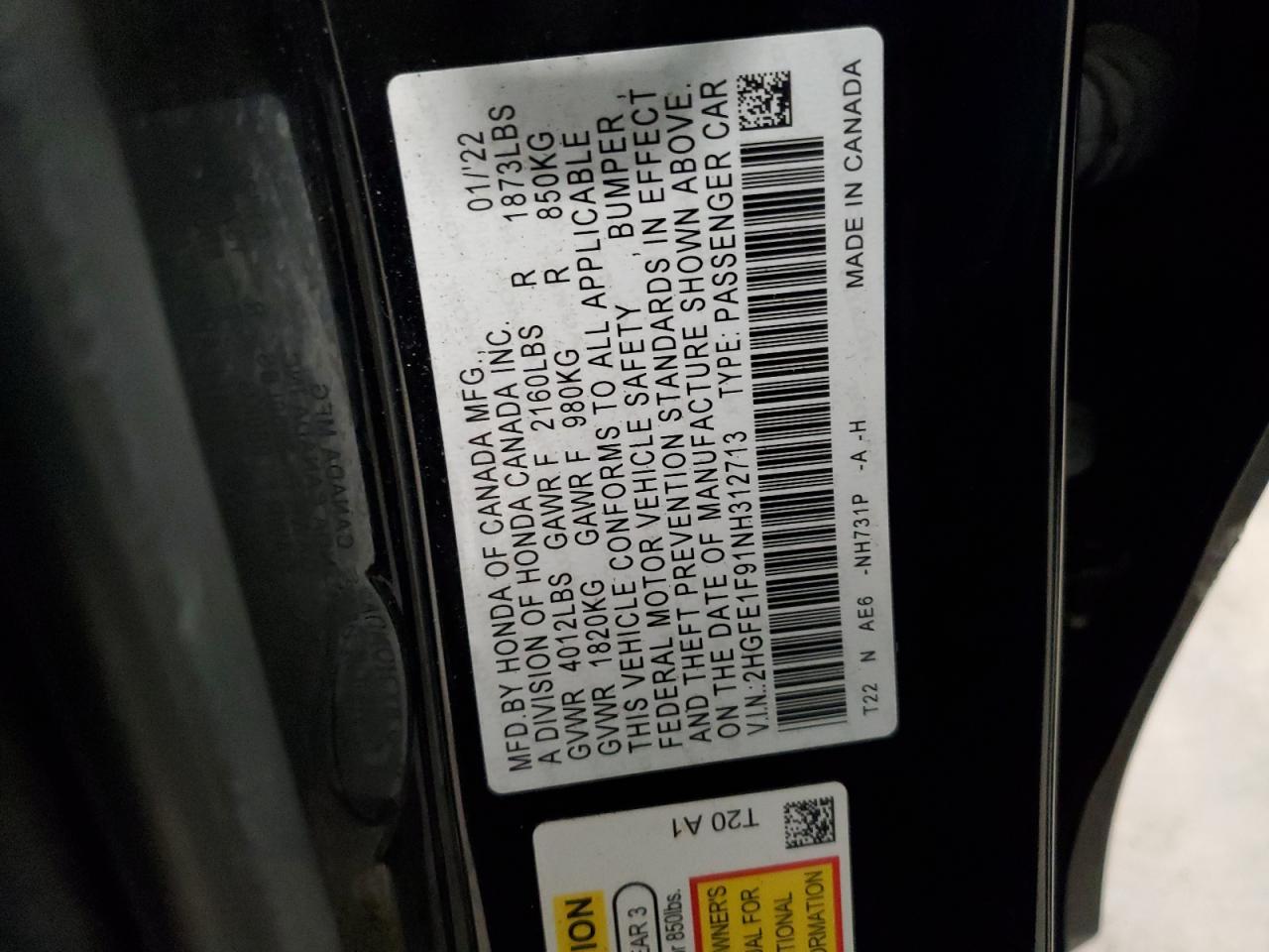 2022 HONDA CIVIC TOURING VIN:2HGFE1F91NH312713