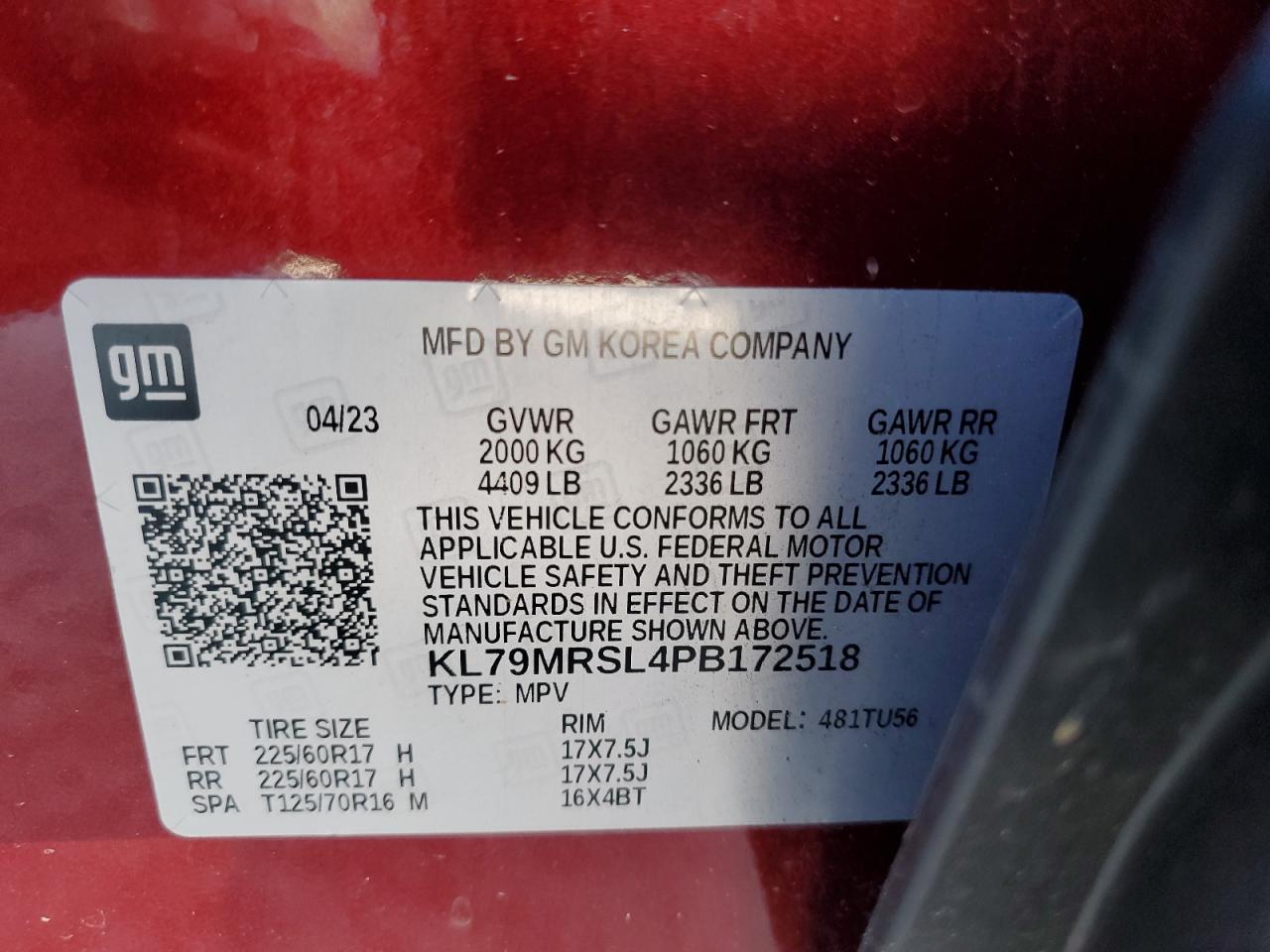 2023 CHEVROLET TRAILBLAZER LT VIN:KL79MRSL4PB172518