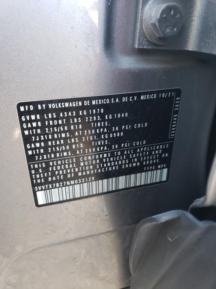 2022 VOLKSWAGEN TAOS SE VIN:3VVTX7B27NM033129