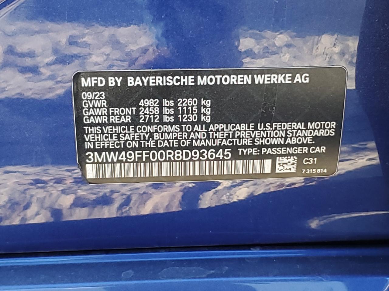 2024 BMW M340XI  VIN:3MW49FF00R8D93645