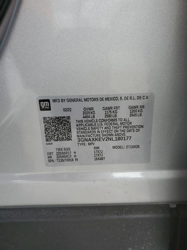 2022 CHEVROLET EQUINOX LT VIN:3GNAXKEV2NL180177