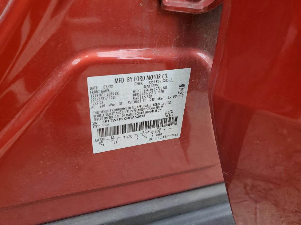 2022 FORD MAVERICK XL VIN:3FTTW8F9XNRA52615