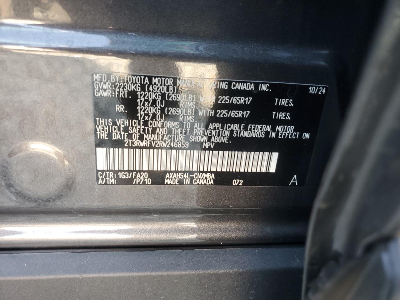 2024 TOYOTA RAV4 XLE VIN:2T3RWRFV2RW246859