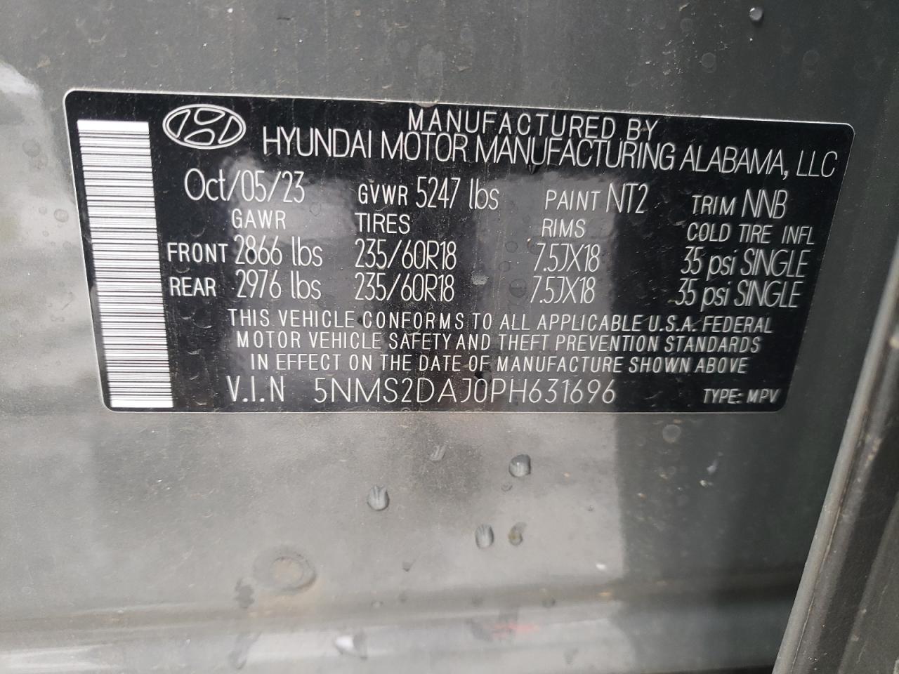 2023 HYUNDAI SANTA FE SEL VIN:5NMS2DAJ0PH631696