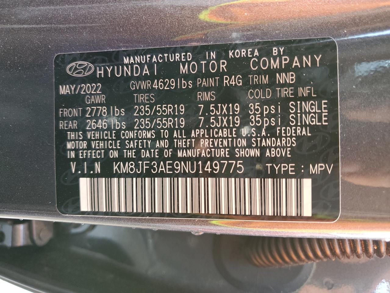 2022 HYUNDAI TUCSON N LINE VIN:KM8JF3AE9NU149775