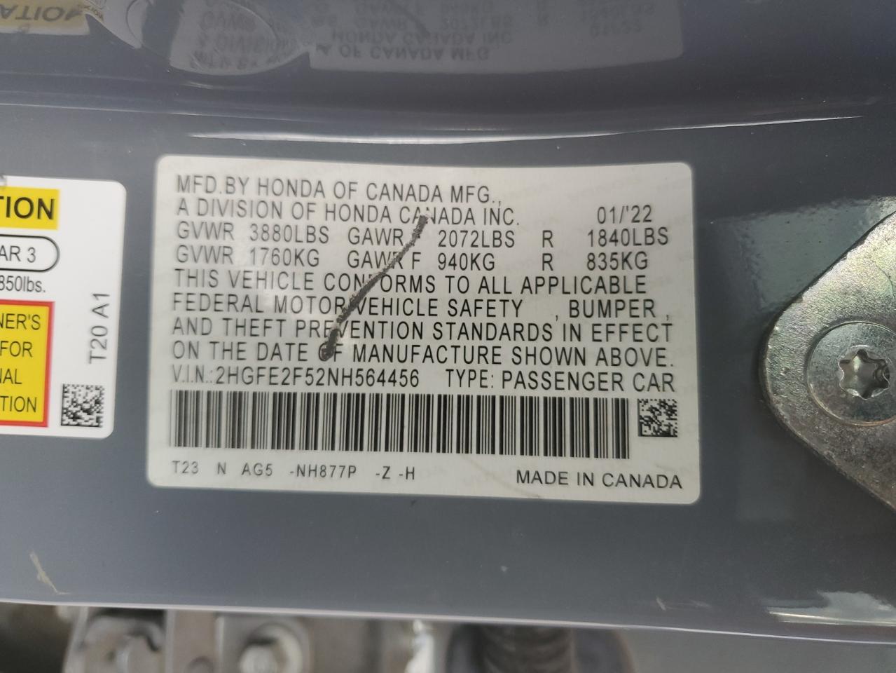 2022 HONDA CIVIC SPORT VIN:2HGFE2F52NH564456