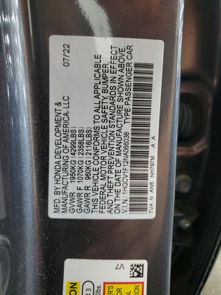 2022 HONDA ACCORD LX VIN:1HGCV1F12NA066038