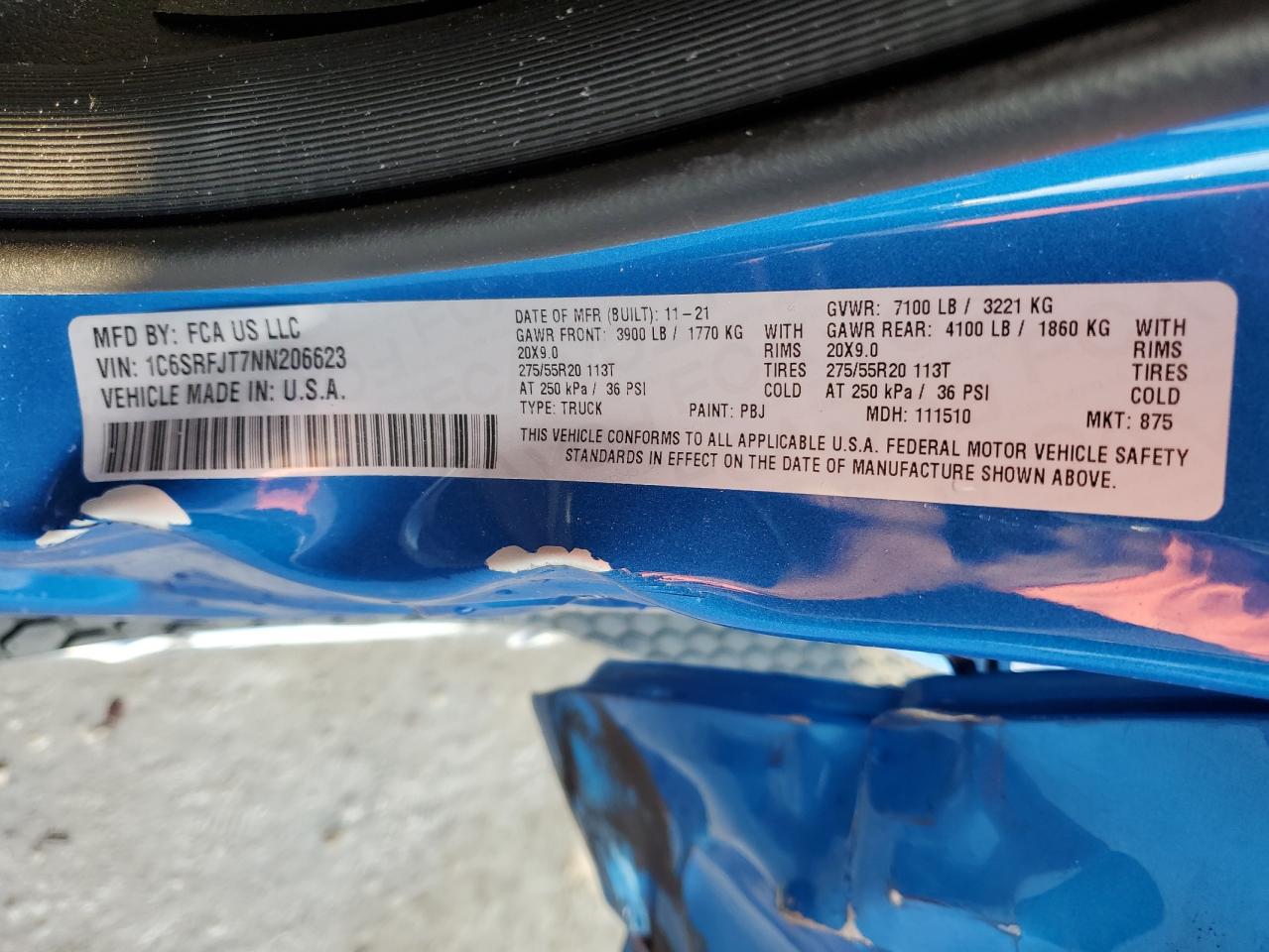 2022 RAM 1500 LARAMIE VIN:1C6SRFJT7NN206623