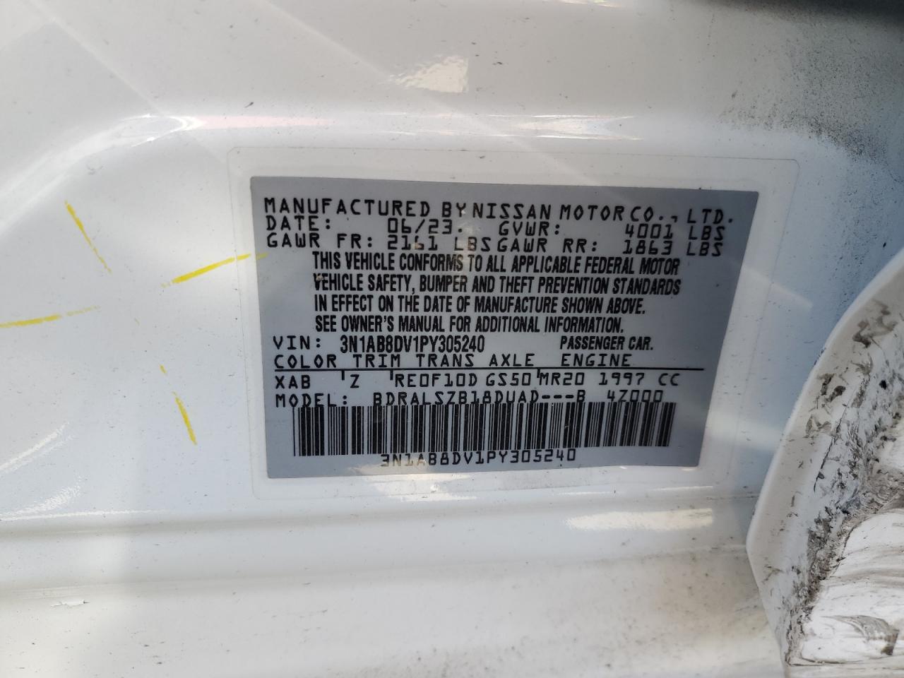2023 NISSAN SENTRA SR VIN:3N1AB8DV1PY305240