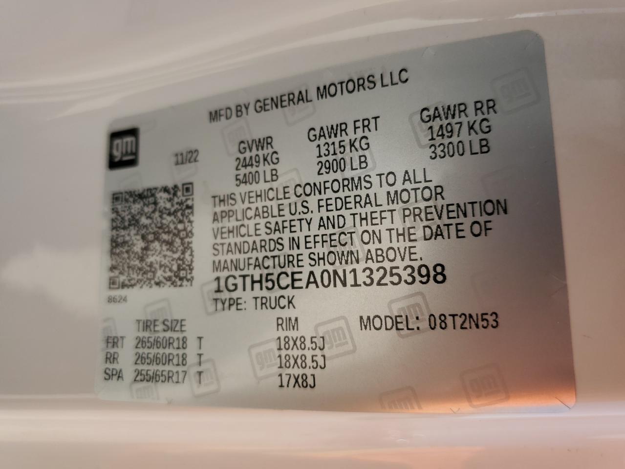 2022 GMC CANYON ELEVATION VIN:1GTH5CEA0N1325398