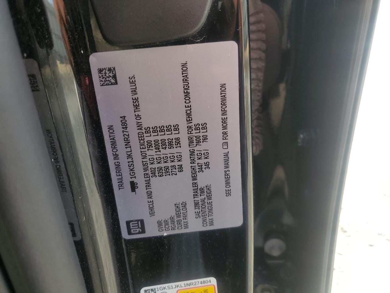 2022 GMC YUKON XL DENALI VIN:1GKS1JKL1NR274804