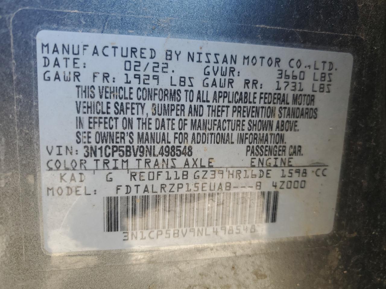 2022 NISSAN KICKS S VIN:3N1CP5BV9NL498548