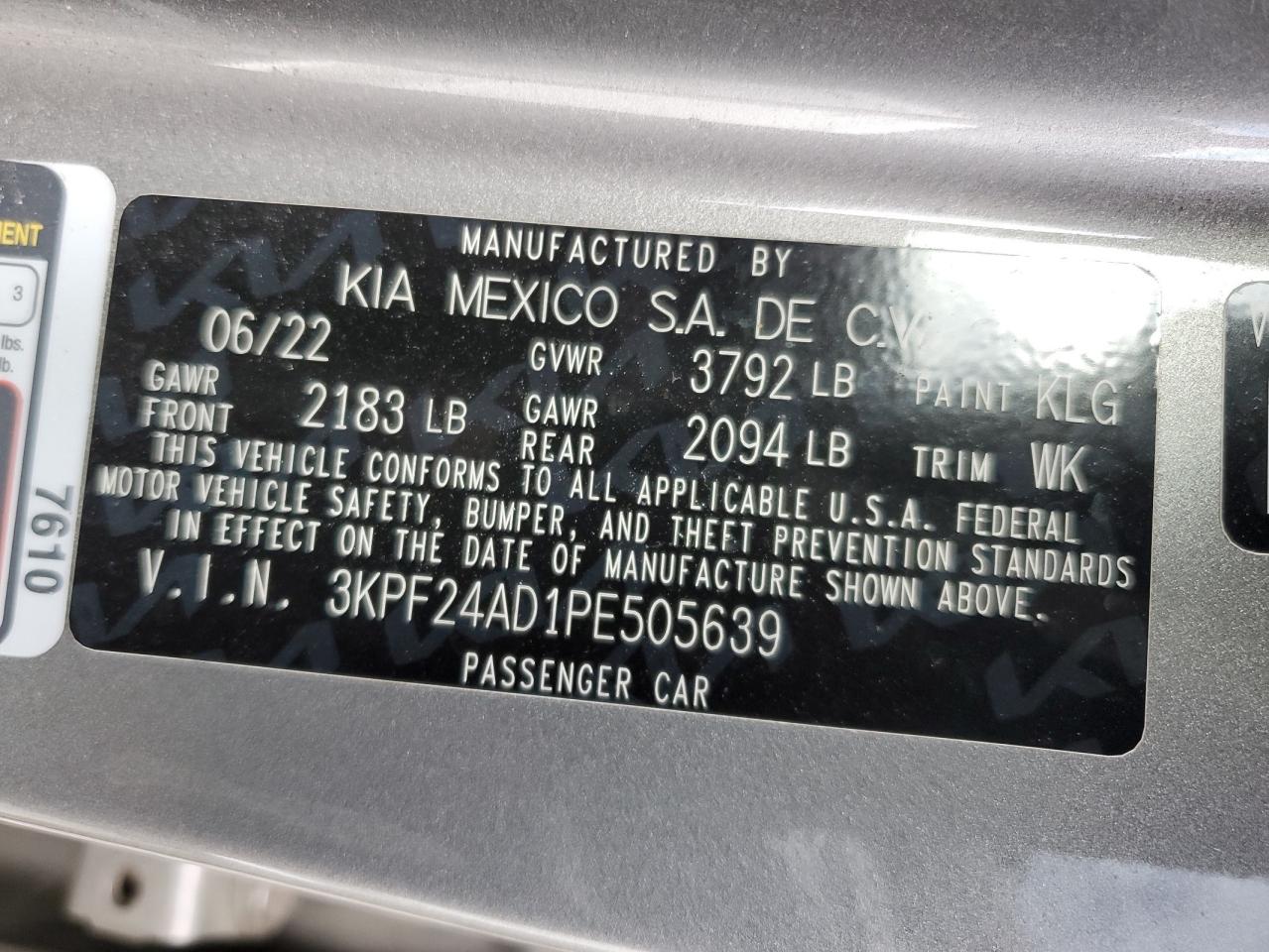 2023 KIA FORTE LX VIN:3KPF24AD1PE505639
