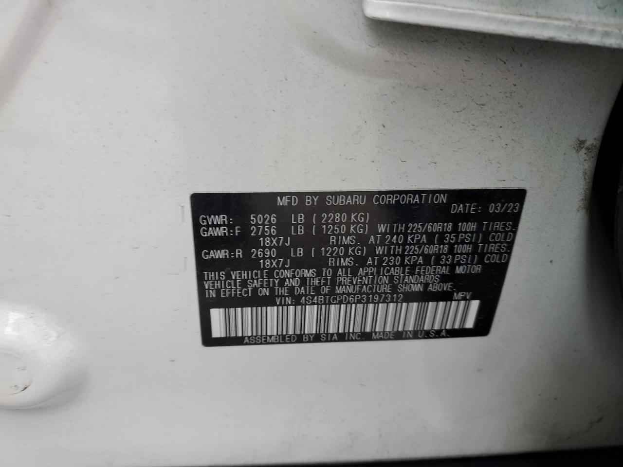 2023 SUBARU OUTBACK TOURING VIN:4S4BTGPD6P3197312