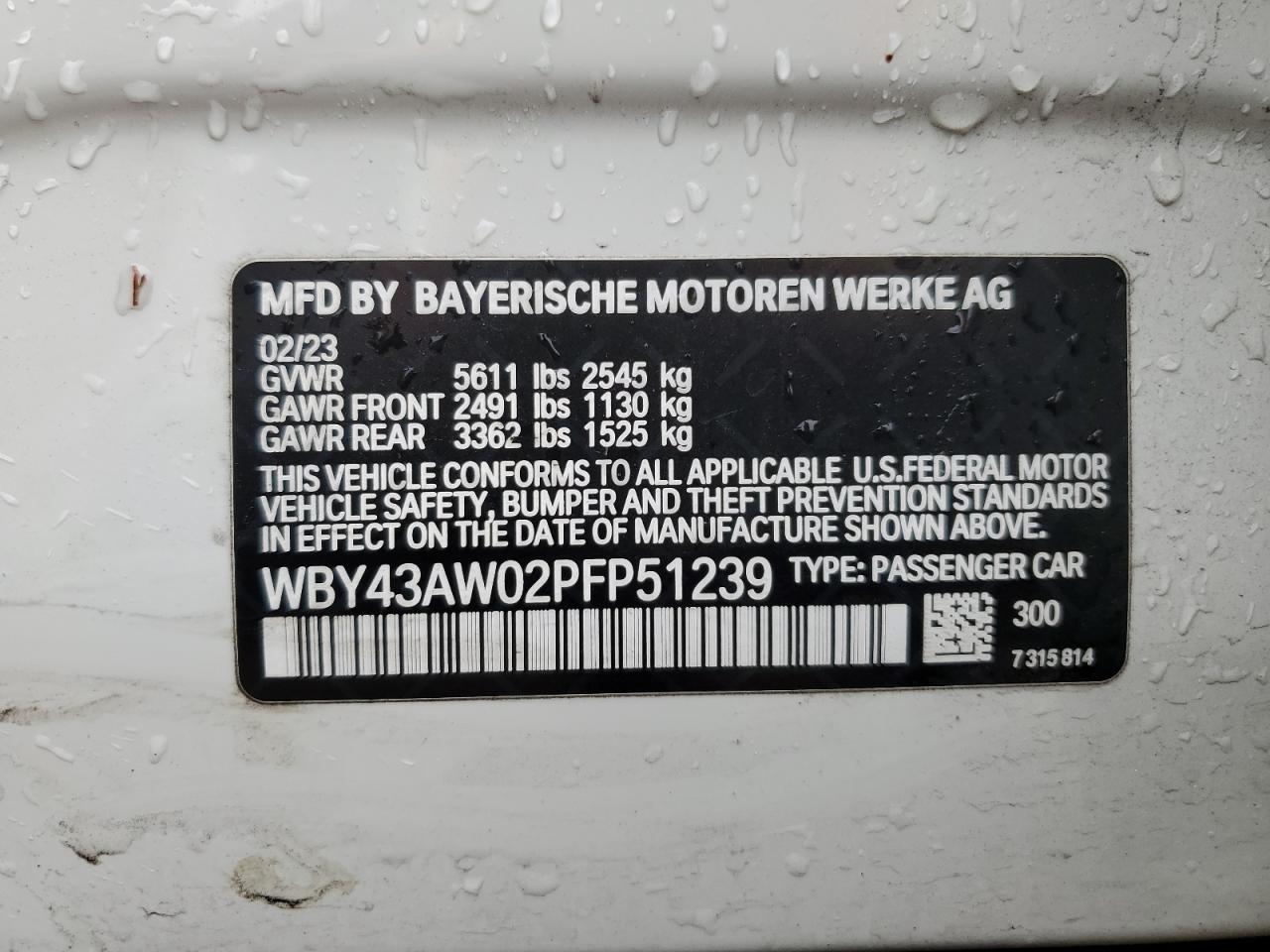 2023 BMW I4 EDRIVE 35 VIN:WBY43AW02PFP51239