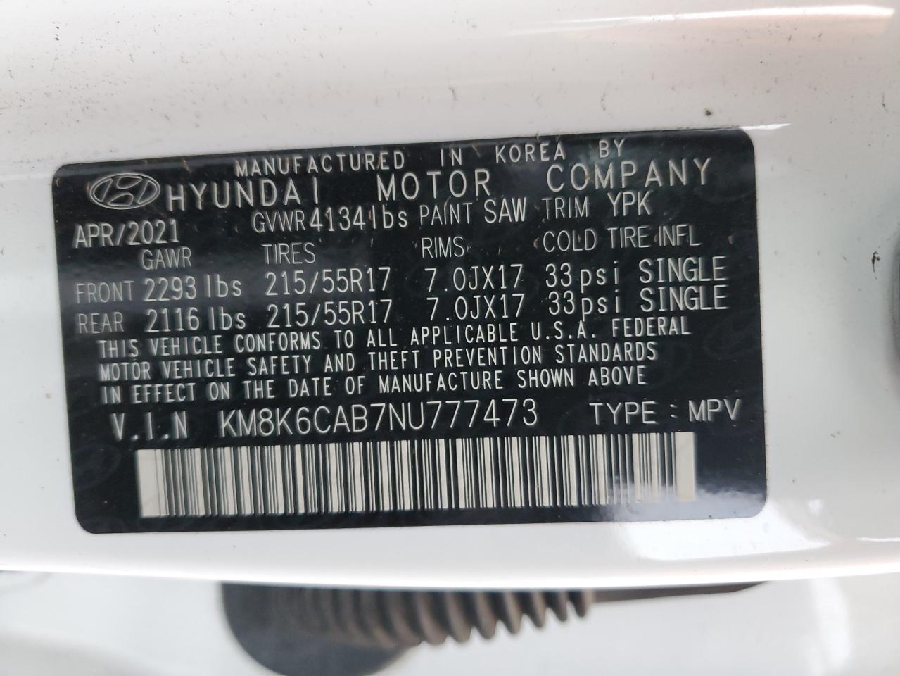2022 HYUNDAI KONA SEL VIN:KM8K6CAB7NU777473