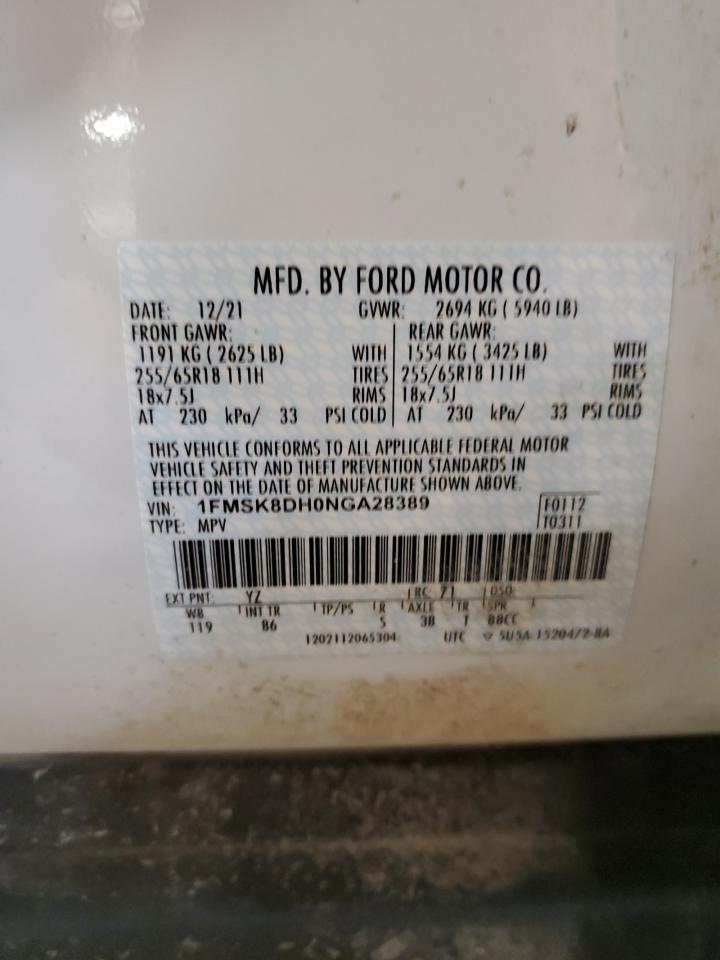 2022 FORD EXPLORER XLT VIN:1FMSK8DH0NGA28389