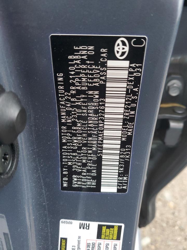 2022 TOYOTA COROLLA LE VIN:5YFEPMAE0NP327613